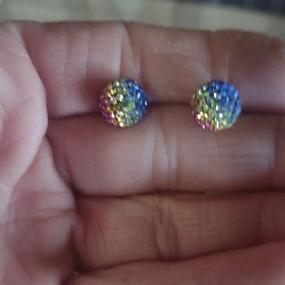 VINTAGE STERLING SILVER .925 MULTICOLOR PAVE CRYSTAL 8MM BALL STUD EARRINGS - Picture 7 of 9